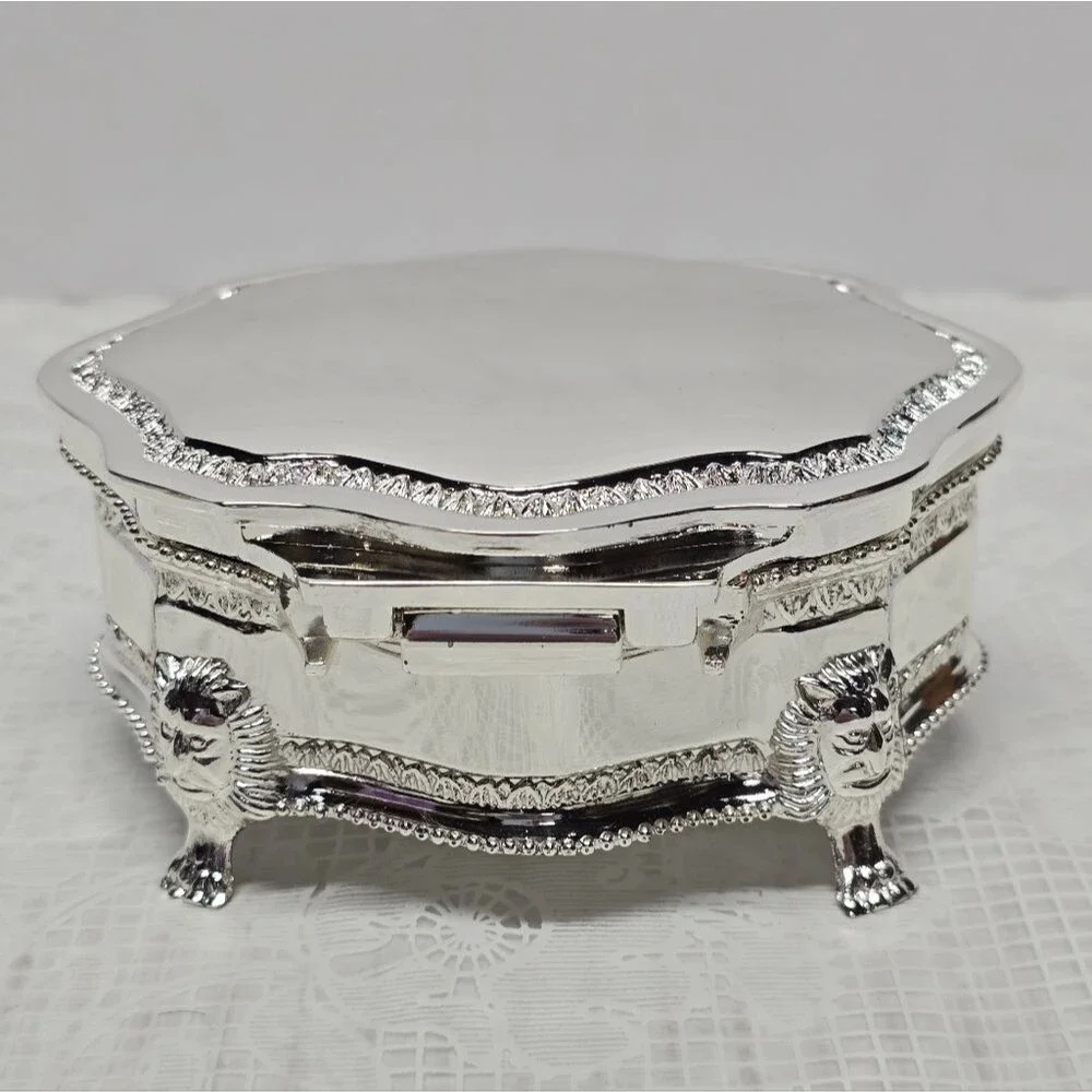 Silver Chrome Lion Heads Footed Non Tarnish Jewelry Trinket Box Victorian Style